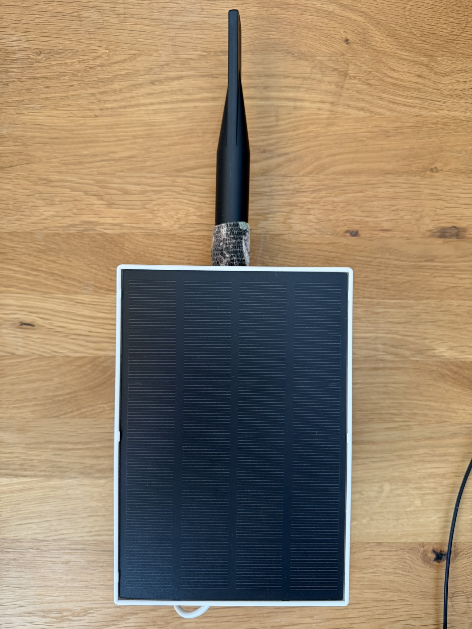 Top-down view of the completed assembly: 10 W solar panel face-up with the ALFA 5 dBi antenna mounted at the top edge